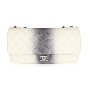 Chanel Ivory & Grey Ombré Stripe Quilted Caviar Jumbo Single Flap Bag